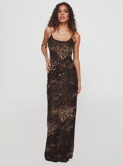 front view of model wearing Princess Polly Knox Maxi Dress Leopard Scoop Neck 