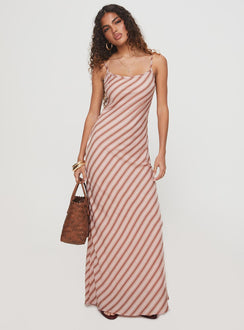 front view of model wearing Princess Polly Rianne Maxi Dress Pink Stripe Scoop Neck 