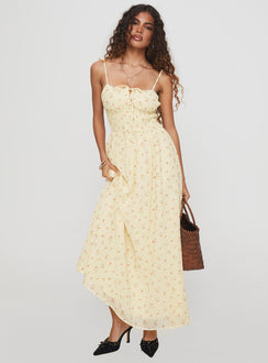 front view of model wearing Princess Polly Pearle Shirred Maxi Dress Cream Floral Square Neck 