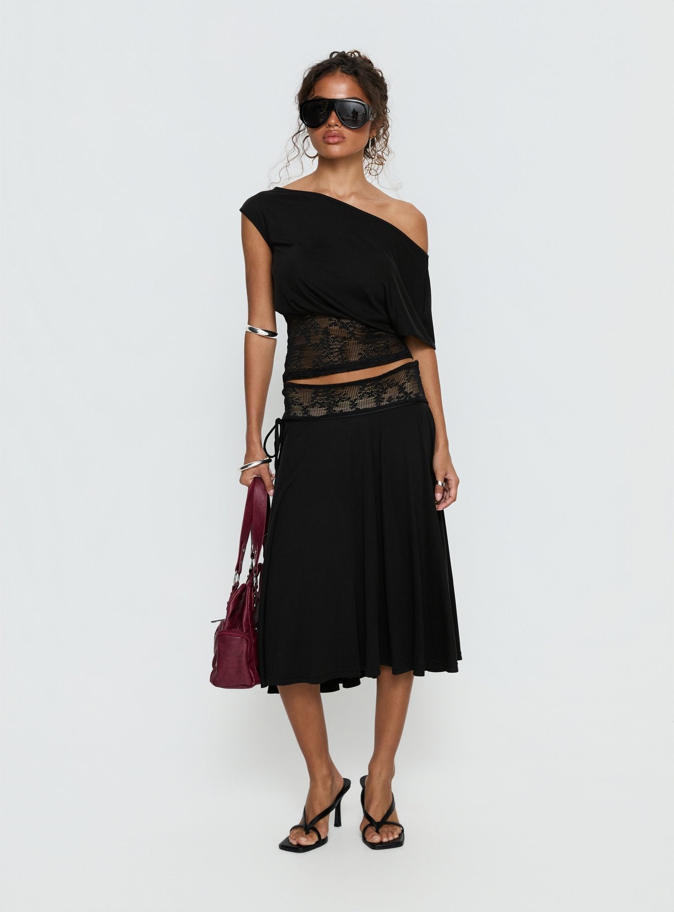   front view of model wearing Princess Polly Marienna Lace Midi Skirt Black Midi Skirts 