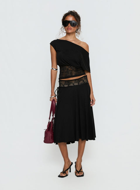   front view of model wearing Princess Polly Marienna Lace Midi Skirt Black Midi Skirts 