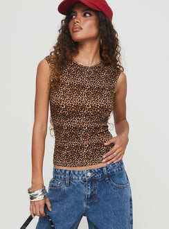 front view of model wearing Princess Polly Lure Top Leopard Sleeveless Crew Neck 