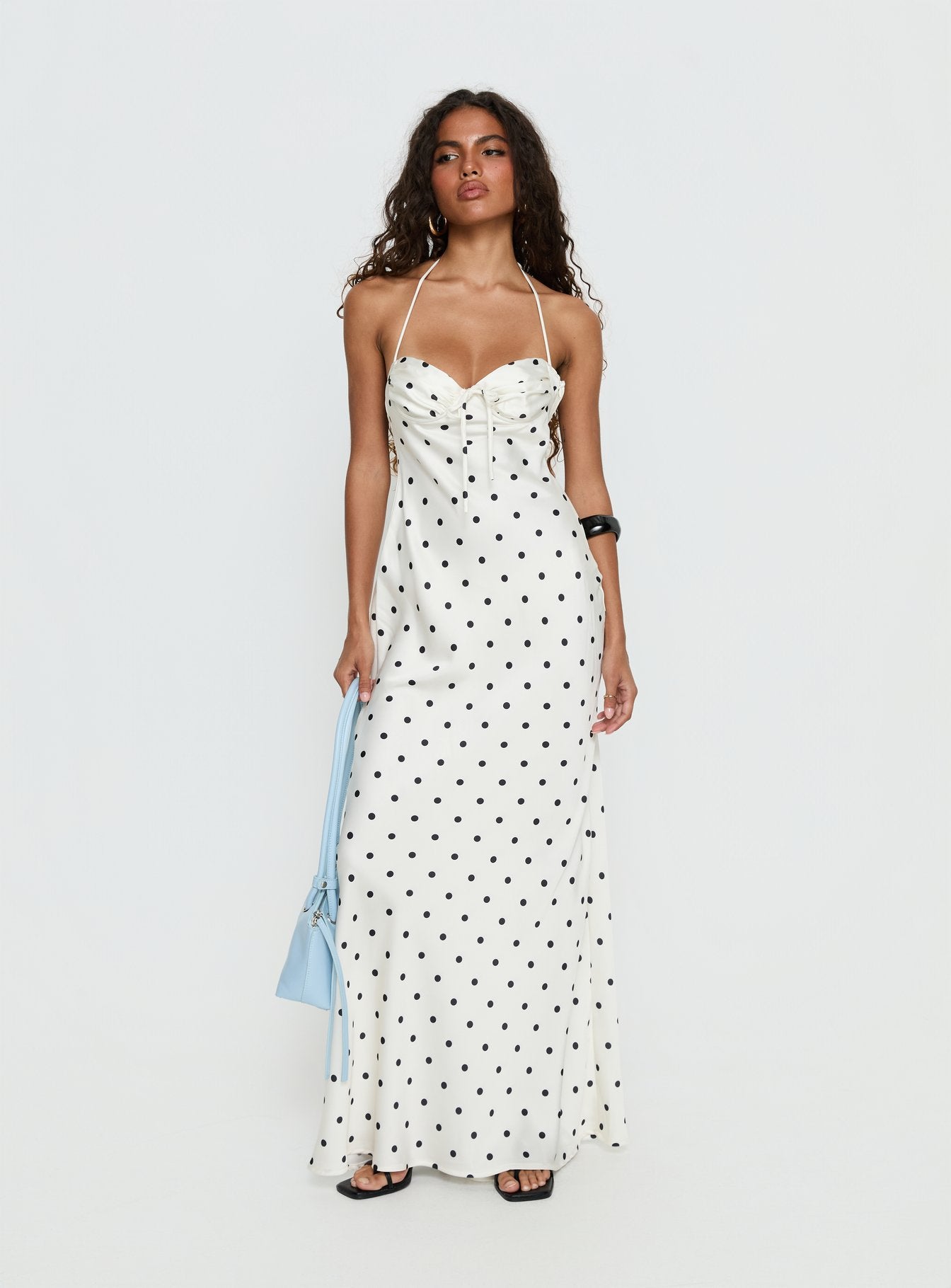 Costella Halter Satin Maxi Dress Cream Polka Dot