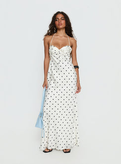 Costella Halter Satin Maxi Dress Cream Polka Dot