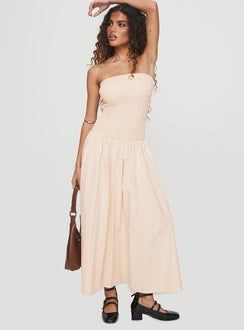 front view of model wearing Princess Polly Atara Maxi Dress Cream Straight Neck 