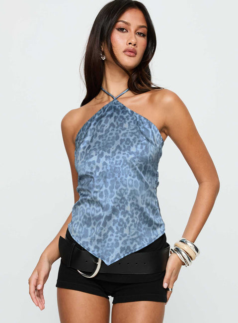 front view of model wearing Princess Polly Jaemes Top Blue Leopard Sleeveless 