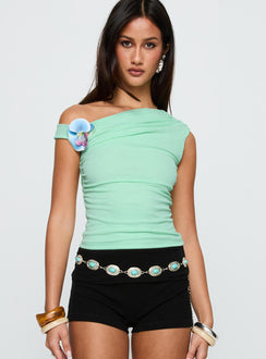 front view of model wearing Princess Polly Flowers Grow One Shoulder Top Sage Sleeveless Asymmetric Neckline 