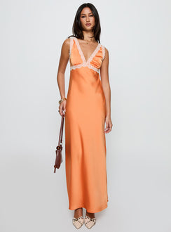 front view of model wearing Princess Polly Natassja Maxi Dress Orange V-Neck 