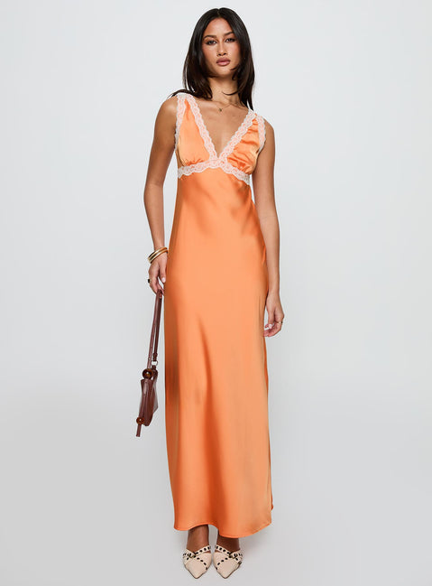 front view of model wearing Princess Polly Natassja Maxi Dress Orange V-Neck 