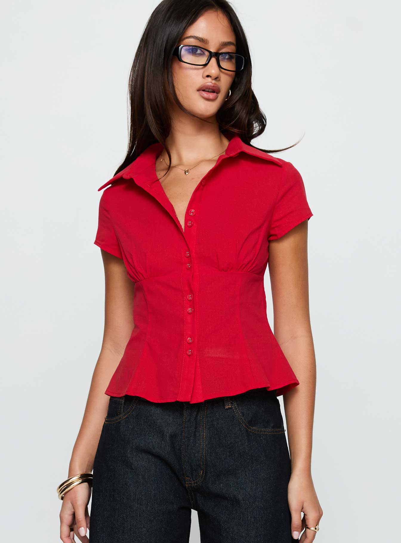front view of model wearing Princess Polly Cottesloe Blouse Top Red Short Sleeves V-Neck 