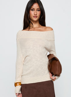 front view of model wearing Princess Polly Alyxandra Off Shoulder Knit Sweater Beige Long 