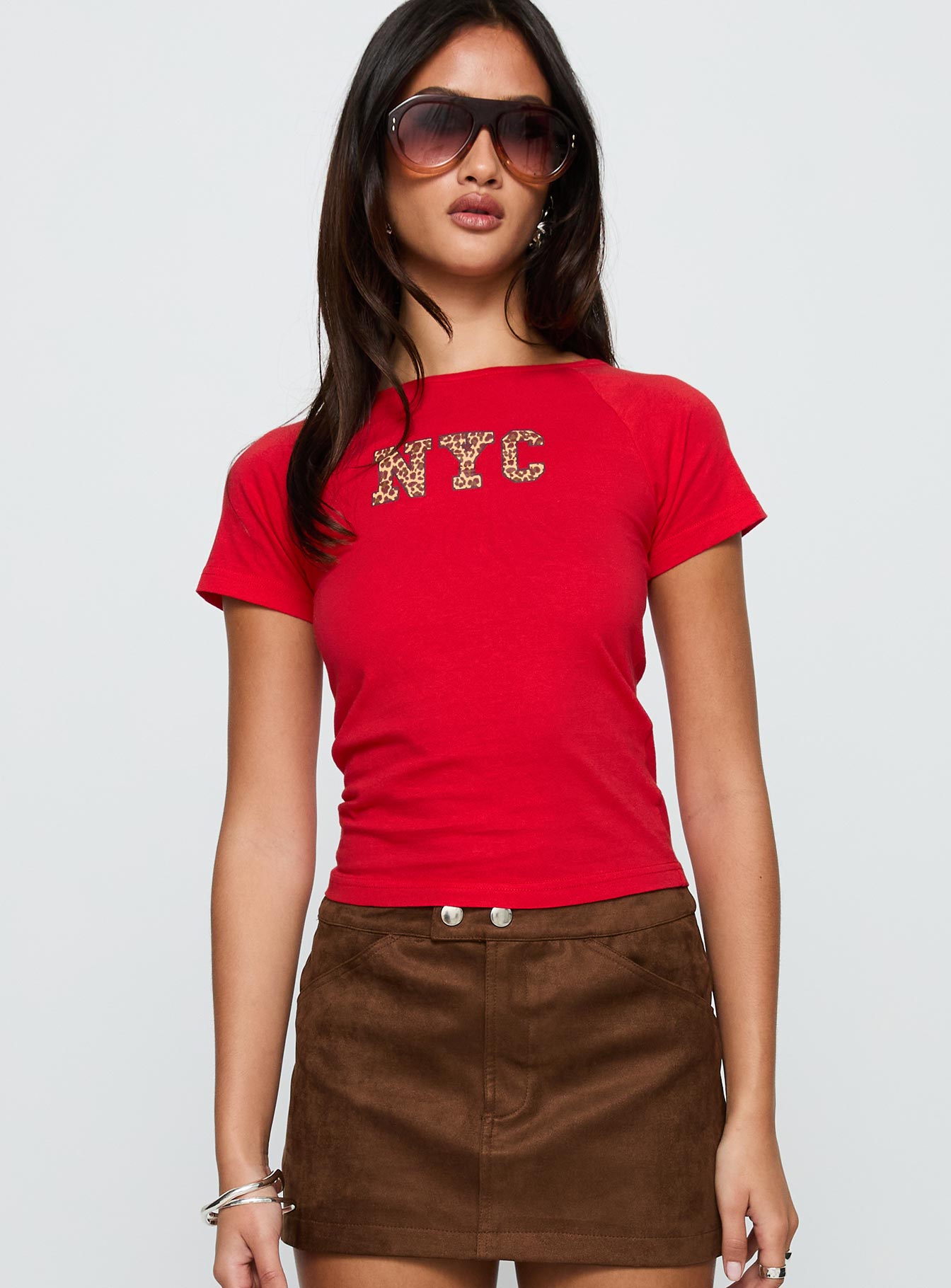 front view of model wearing Princess Polly Nyc Leopard Graphic Top Red Short Sleeves Crew Neck 
