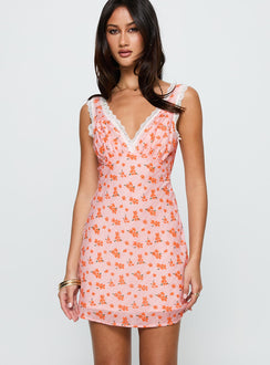 side view of model wearing Princess Polly Happier Than Ever Lace Mini Dress Pink / Floral V-Neck 