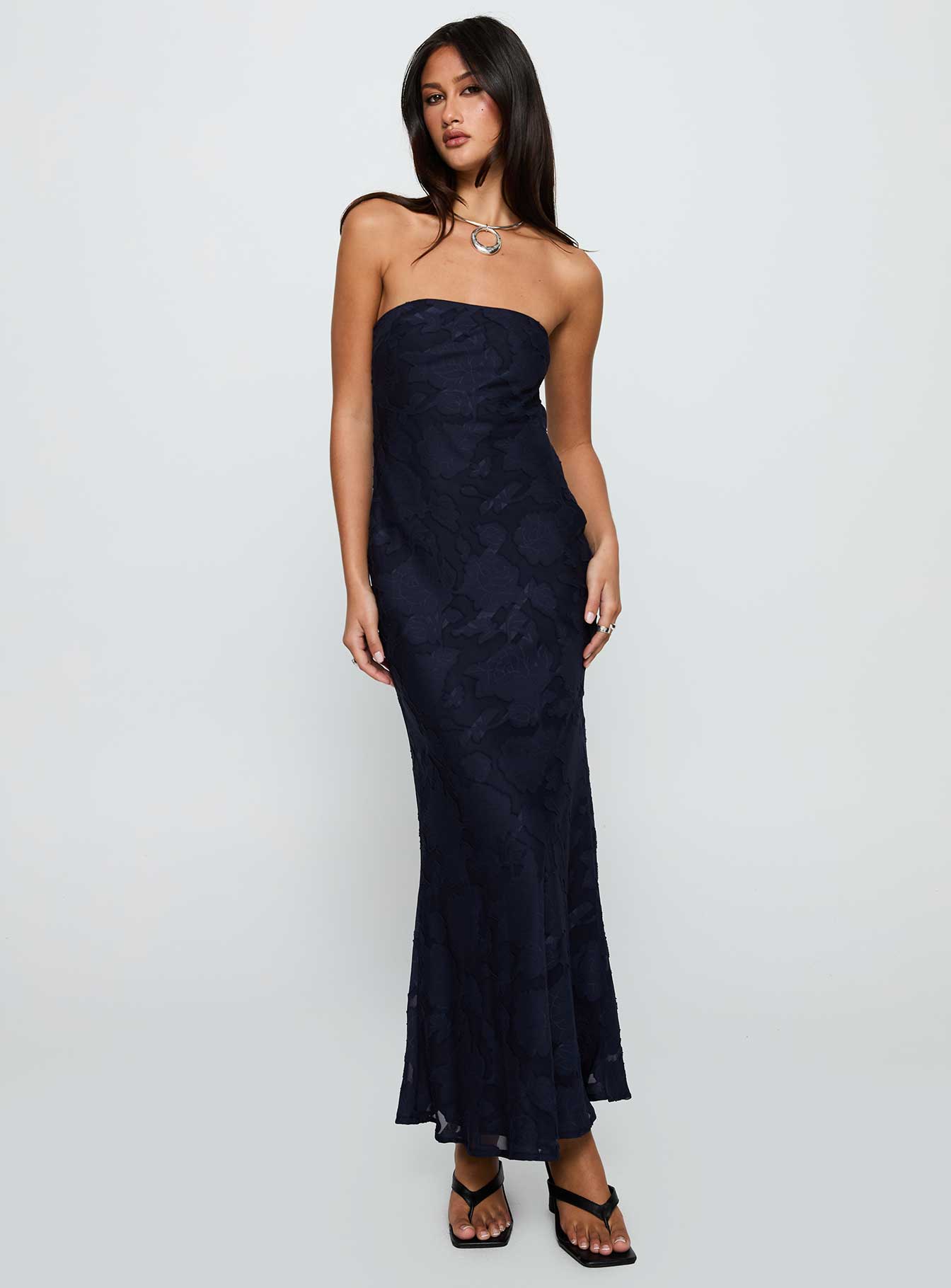 back view of model wearing Princess Polly Haley Maxi Dress Navy Straight Neck 