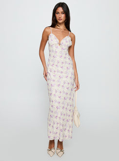 side view of model wearing Princess Polly Jessamine Frill Maxi Dress White / Lilac Plunger 