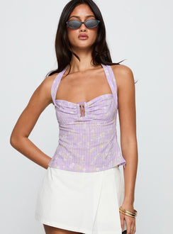 front view of model wearing Princess Polly Isabetta Halter Top Lilac Floral Sleeveless Sweetheart 