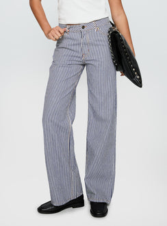 side view of model wearing Princess Polly Top Model Jean Navy Stripe Low Rise Pants 