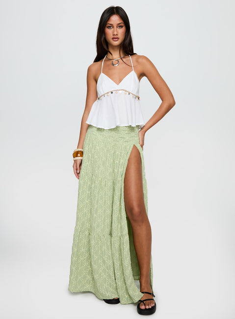   front view of model wearing Princess Polly Silver Soul Embroidered Maxi Skirt Sage Maxi 