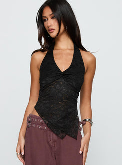 side view of model wearing Princess Polly Alviera Lace Halter Top Black Sleeveless V-Neck 