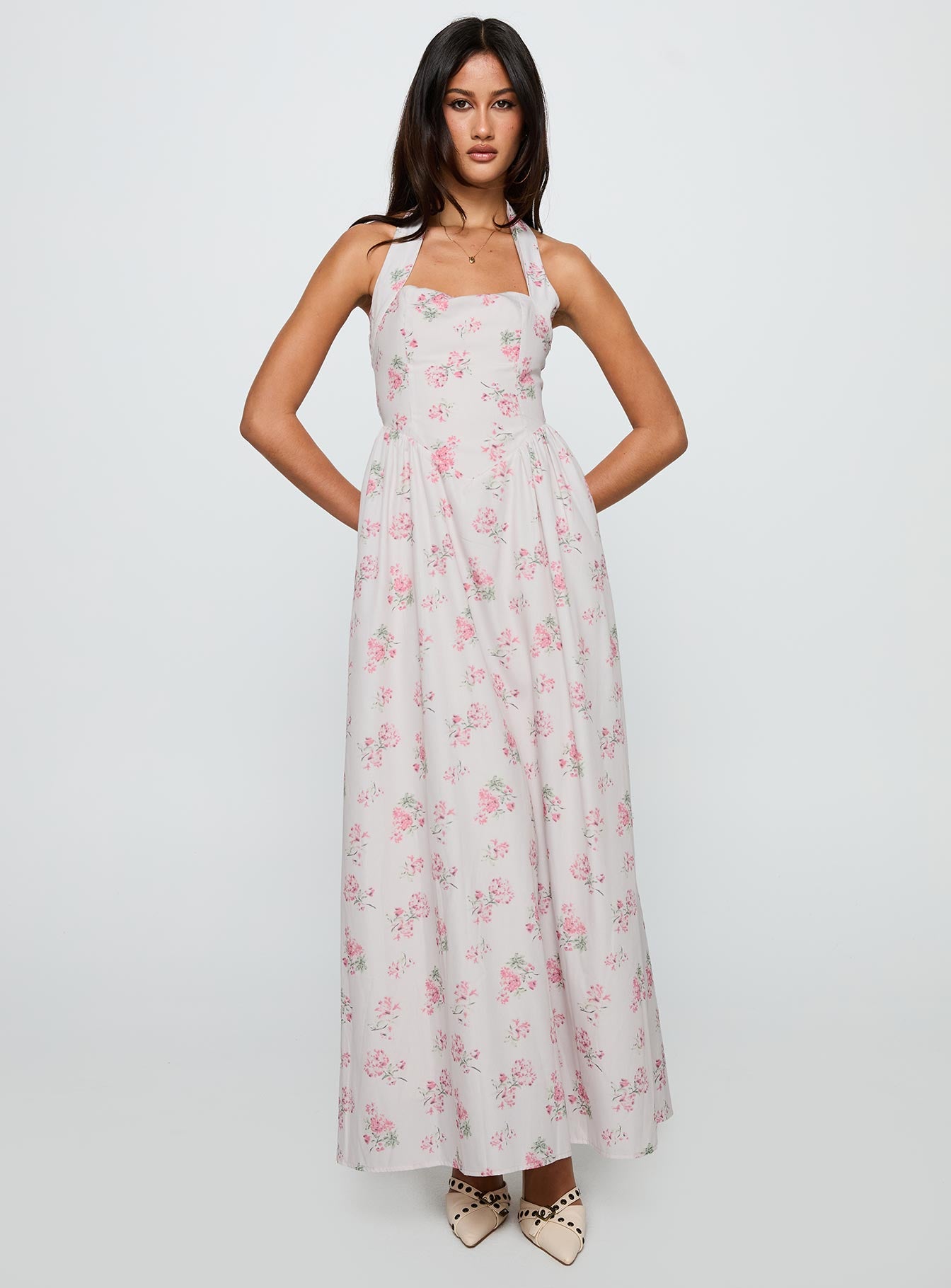 front view of model wearing Princess Polly Sunfields Halter Maxi Dress Multi Square Neck 