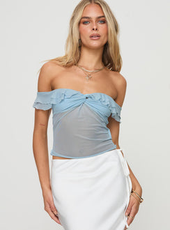front view of model wearing Princess Polly Loire Off Shoulder Top Blue Short Sleeves Sweetheart 