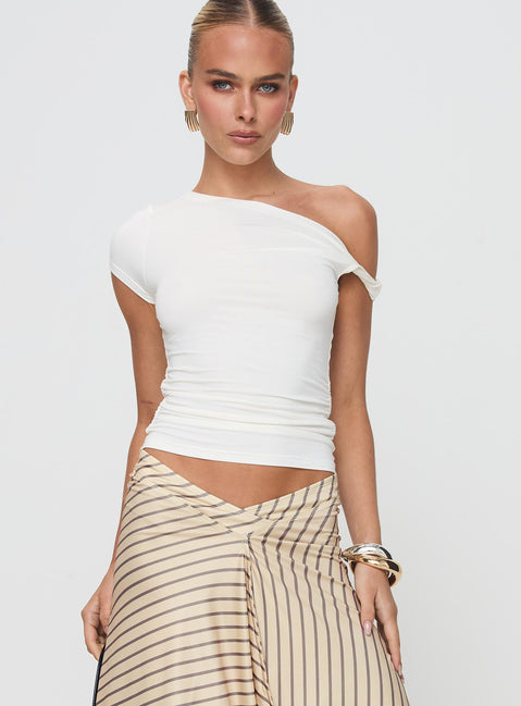 front view of model wearing Princess Polly Fabre Top White Short Sleeves Asymmetric Neckline 