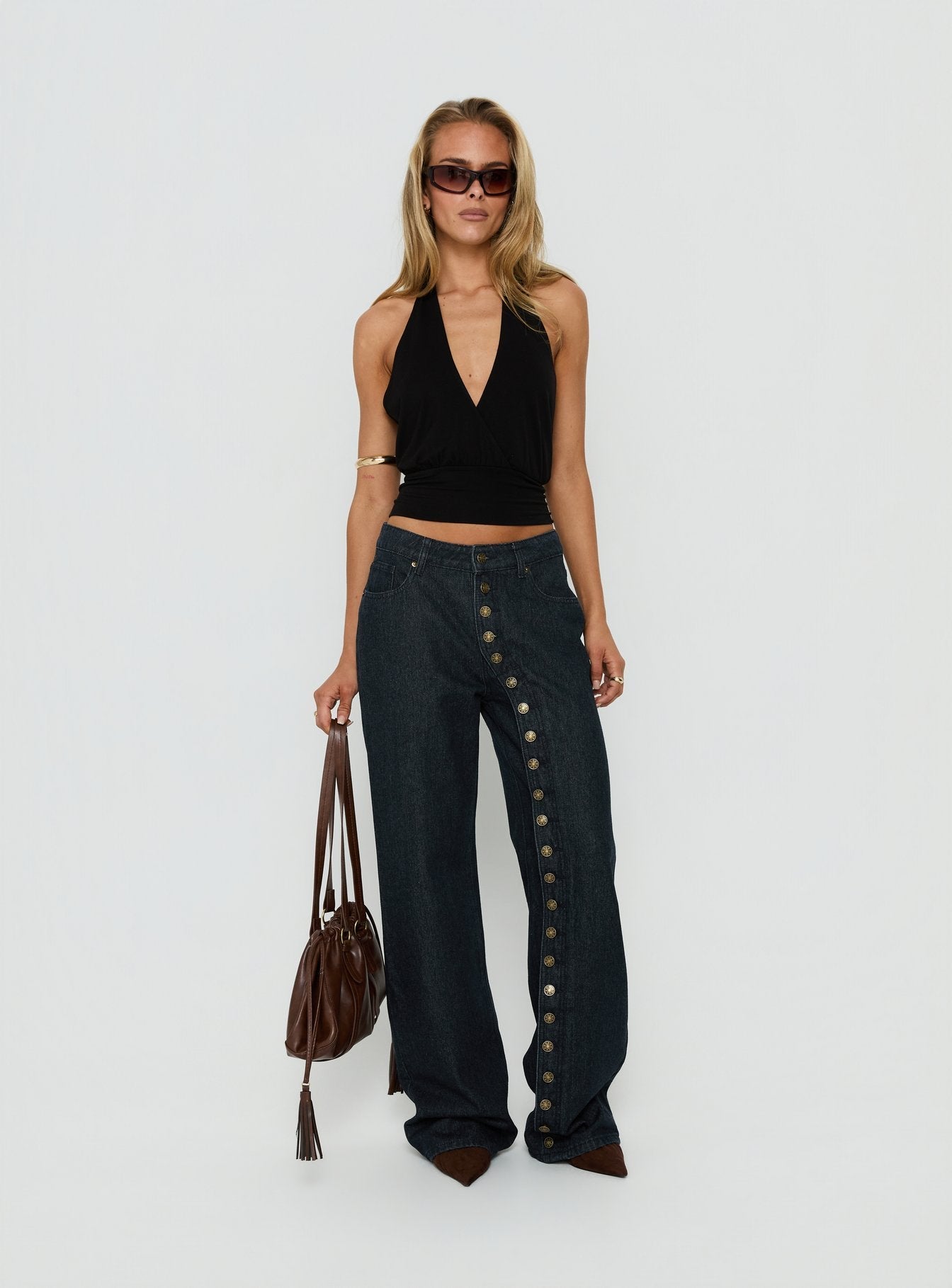 Introducing Penny Mid Rise Straight Leg Jeans Raw Denim in womens-jeans front view of model wearing Princess Polly