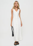 Linen maxi dress V-neckline, button fastening down front, panel detailing, waist tie fastening at back