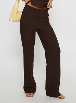 side view of model wearing Princess Polly Kinsie Tailored Pants Brown High Rise Pants 