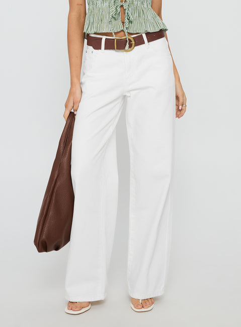 back view of model wearing Princess Polly Serenitia Mid Rise Straight Leg Relaxed Jeans White Wash High Waisted 