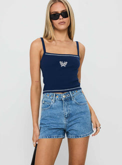 Tropicana Denim Eyelet Detail Shorts Mid Blue
