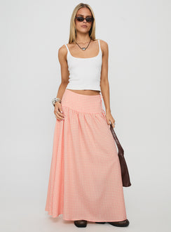   front view of model wearing Princess Polly Analeah Tie Side Midi Skirt Orange Check Maxi 