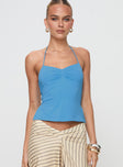 front view of model wearing Princess Polly Rehna Halter Top Blue Sleeveless Sweetheart 