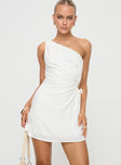 front view of model wearing Princess Polly Mayzie One Shoulder Mini Dress White Asymmetric Neckline 