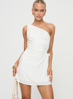 front view of model wearing Princess Polly Mayzie One Shoulder Mini Dress White Asymmetric Neckline 