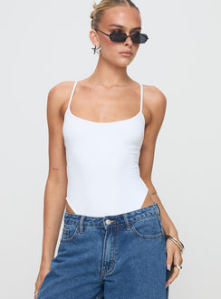 front view of model wearing Princess Polly All Tied Up Bodysuit White Tall Sleeveless 
