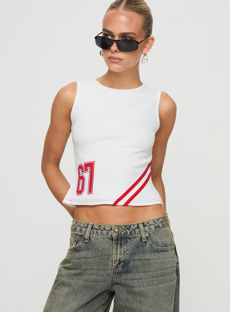 front view of model wearing Princess Polly Fast 67 Tank Top White / Red Sleeveless Crew Neck 