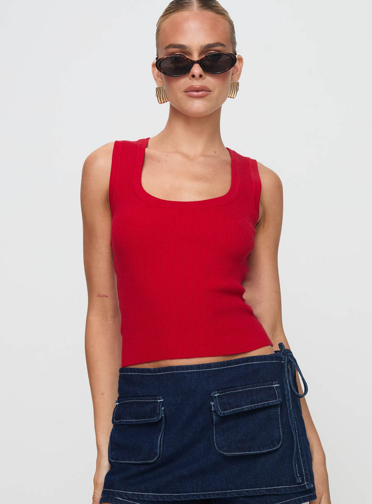 front view of model wearing Princess Polly Issues Top Red Sleeveless Scoop Neck 