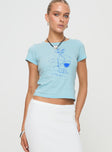 front view of model wearing Princess Polly Cheers To You Tee Blue Short Sleeves Crew Neck 