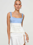 front view of model wearing Princess Polly Chantell Top Blue / White Sleeveless Sweetheart 