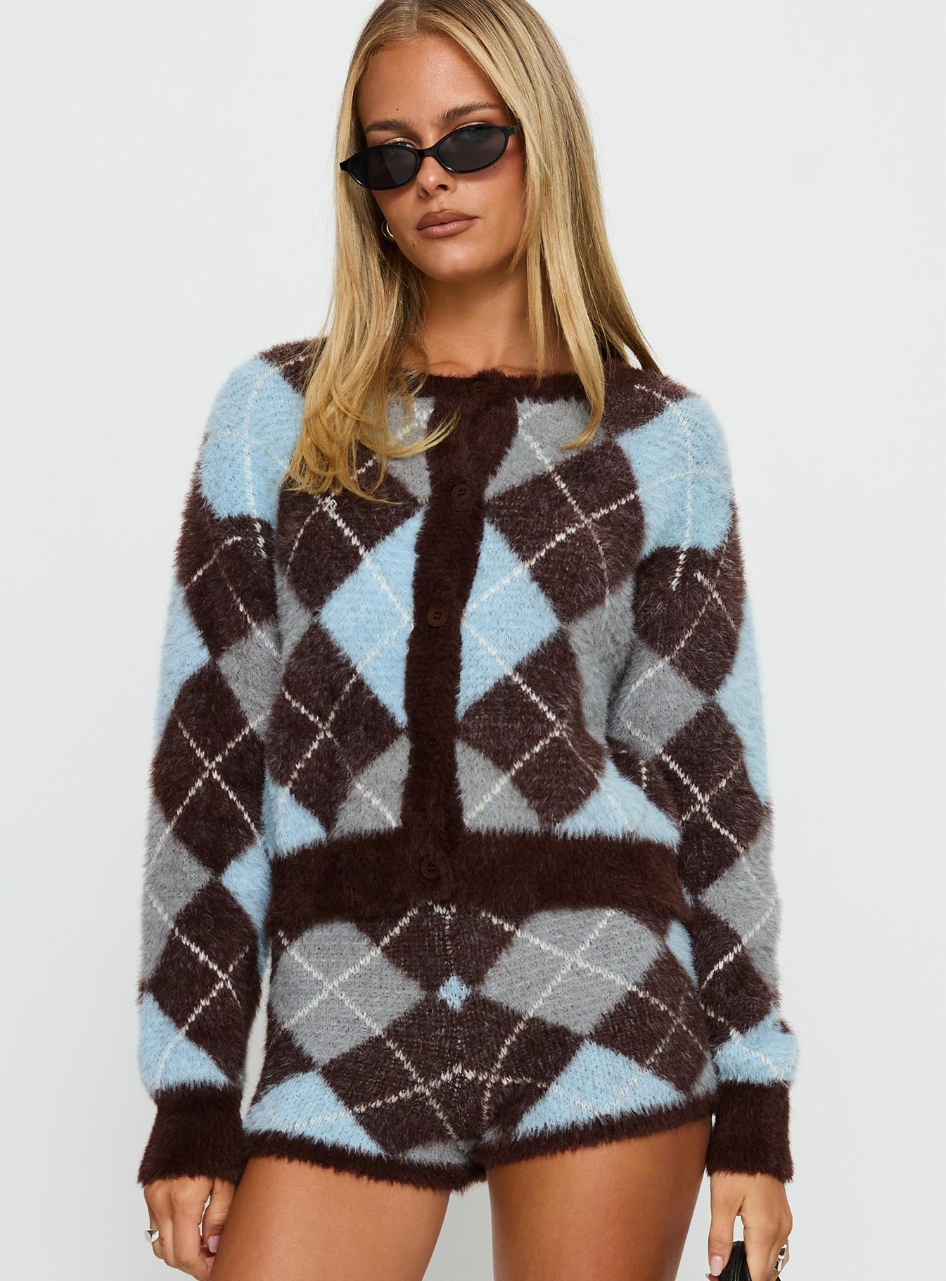 back view of model wearing Princess Polly Kenlea Button Up Cardigan Blue Argyle Cropped Jumpers 