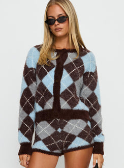 back view of model wearing Princess Polly Kenlea Button Up Cardigan Blue Argyle Cropped Jumpers 