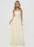 side view of model wearing Princess Polly Slow Dance Linen Blend Maxi Dress Cream / Blue Square Neck 