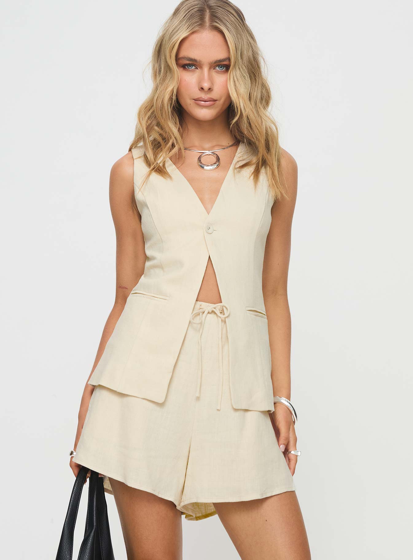 back view of model wearing Princess Polly This Summer Linen Blend Shorts Sand High Waisted Shorts 