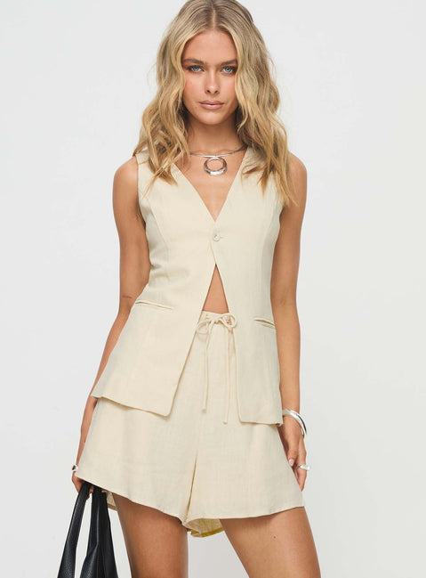 back view of model wearing Princess Polly This Summer Linen Blend Shorts Sand High Waisted Shorts 