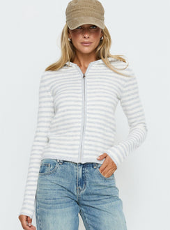 front view of model wearing Princess Polly Superstars Zip Through Hoodie Grey / Cream Stripe 
