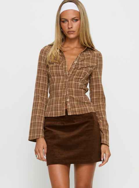   front view of model wearing Princess Polly Araceli Corduroy Mini Skirt Brown Mini Skirts 