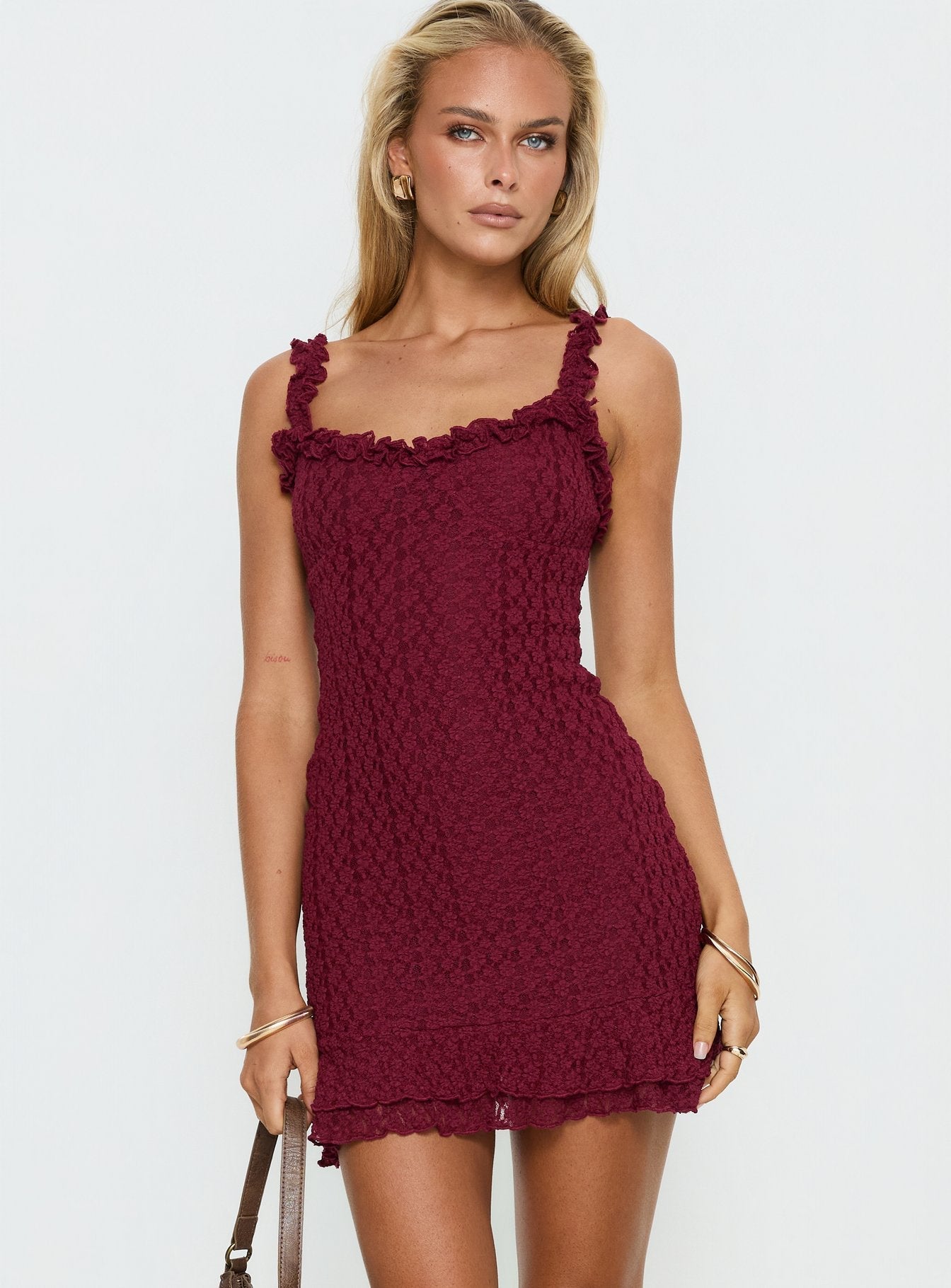 Steffi Frill Lace Mini Dress Burgundy | Princess Polly Steffi Frill Lace Mini Dress Burgundy | Princess Polly