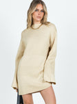 side view of model wearing Princess Polly Cheyenne Knit Sweater Dress Beige High Neck 