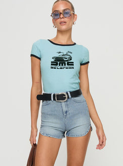 front view of model wearing Princess Polly Richardsons Denim Shorts Light Blue Wash High Waisted Shorts 